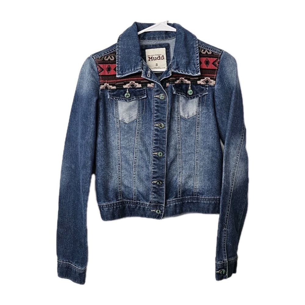 Mudd Blue Denim Jean Jacket Juniors Size Small Patchwork Design‎ Y2K EUC